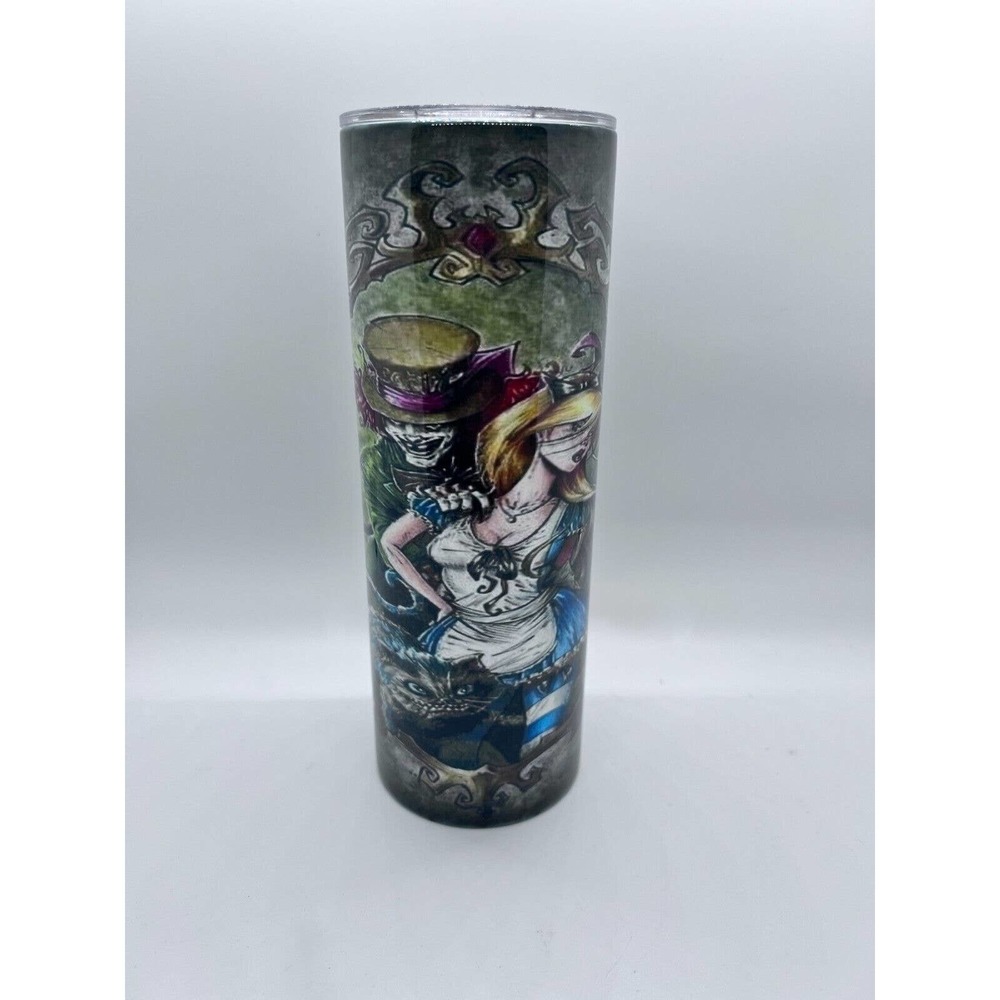 Alice in Wonderland 20 oz Skinny Tumbler Custom Made, New with Straw and Lid
